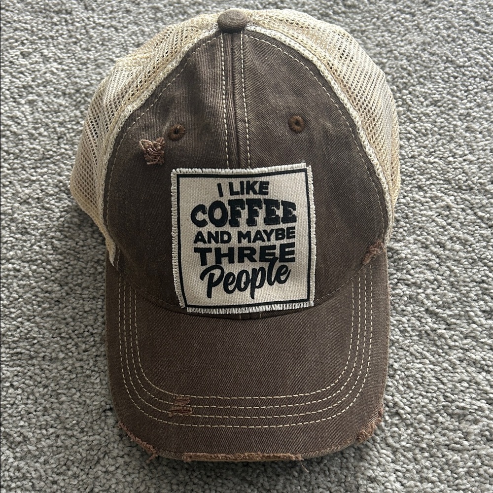 Brown and Tan Cap with Coffee Quote